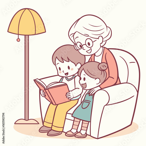 A loving grandmother wearing glasses reads a book to her two happy grandchildren sitting together on a comfortable couch under a floor lamp