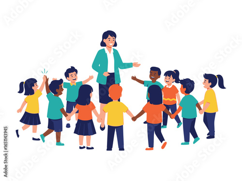 Teacher Guiding Children in a Playful Circle: A teacher leads a diverse group of children in a heartwarming circle, promoting unity and playful learning with bright colors.