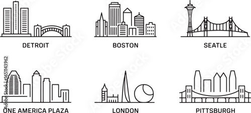 Detailed Line Art Skyline Collection Featuring Detroit, Boston, Seattle, and Pittsburgh Views