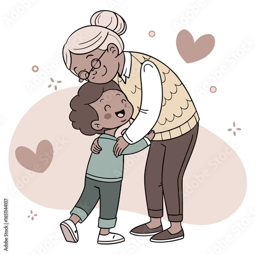 Loving grandmother and grandchild sharing a warm embrace and happy moment together surrounded by soft hearts and gentle sparkles
