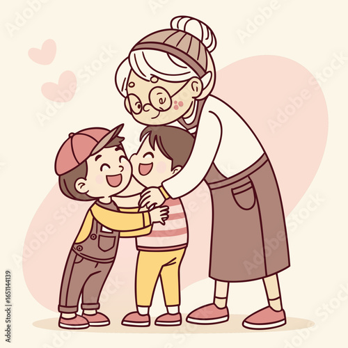 Loving grandmother embracing her two happy grandchildren with open arms sharing a moment of joy and affection
