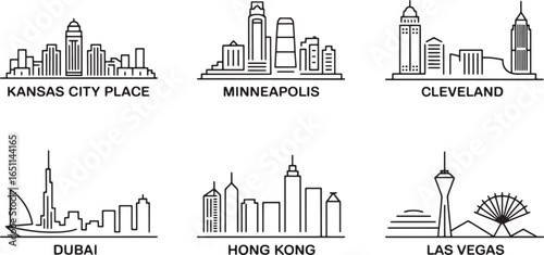 Detailed Line Art Skyline Collection Featuring Kansas City, Minneapolis, Cleveland, and Dubai