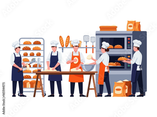 Artisan Bakery at Work: A dynamic scene of skilled bakers and artisan creations in a bakery setting. Capture the warmth and dedication of these baking professionals, each focused on their craft. 