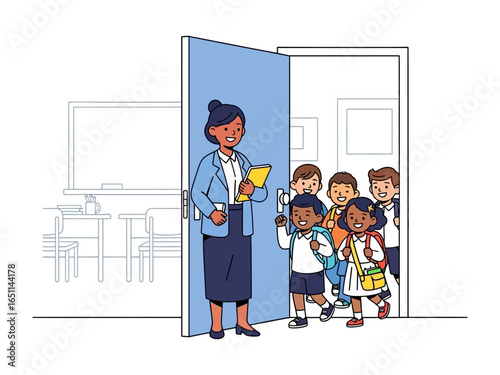 School's Out: Students exit the classroom as their teacher watches. A moment of transition filled with anticipation and the promise of discovery. 