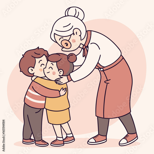 Loving grandmother hugs her two grandchildren affectionately while they embrace each other warmly in a sweet family moment
