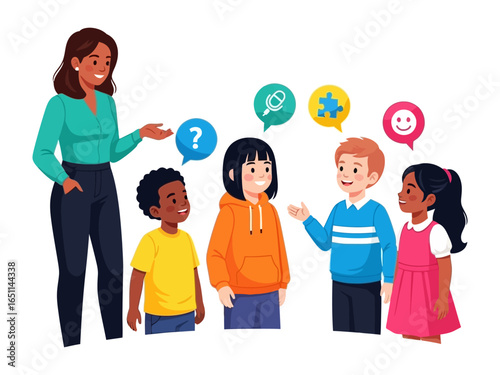 Mentorship in learning: A teacher facilitates a discussion with four young students, each with speech bubbles that illustrate the lessons learned and questions.