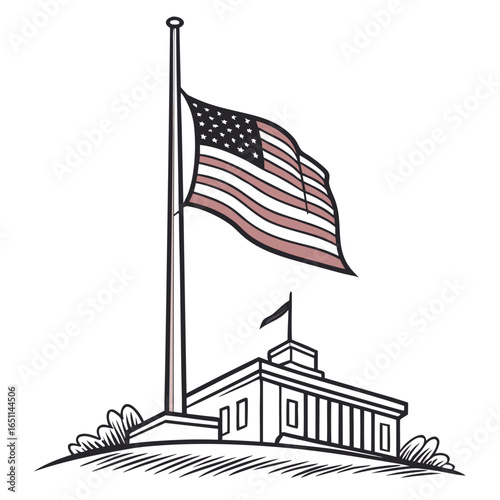 American flag flying at half mast in front of a classical building symbolizing mourning or national remembrance