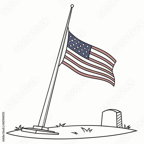 American flag flying at half mast next to a tombstone in a cemetery symbolizing remembrance and respect for fallen soldiers