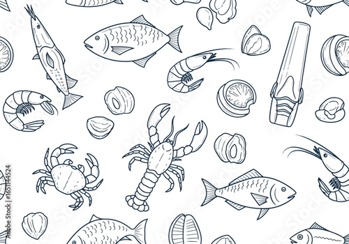 Seamless pattern with seafood: fish, lobster, shrimp, crab, mussels and clams.