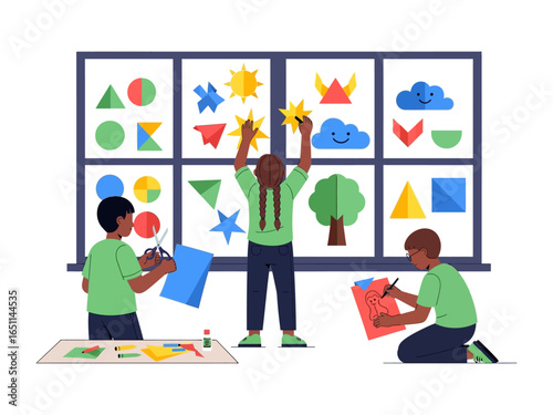 Creative Kids: Playful youngsters engaging in a creative art project, decorating a vibrant artwork in the art studio, exploring shapes and colors, cultivating their artistic talents.