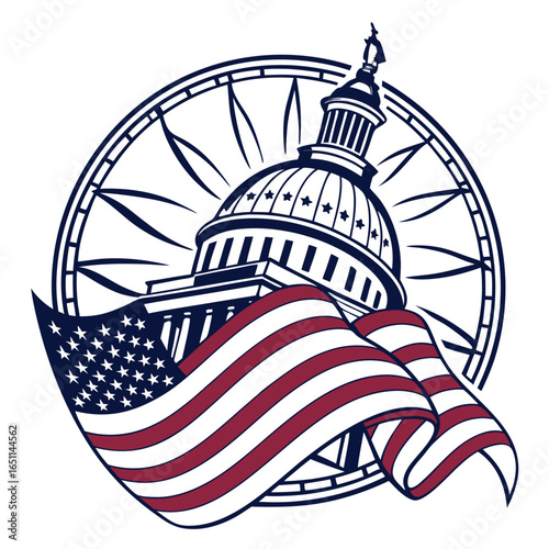Iconic united states capitol building with waving american flag and compass rose symbolizing national guidance and patriotism