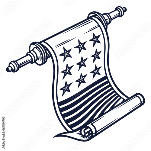 Stylized american flag scroll with stars and stripes unfurling from a wooden roller on a white background representing freedom and patriotism