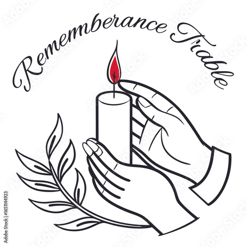 A delicate line drawing depicts hands cradling a lit candle symbolizing remembrance and honor accompanied by a sprig of leaves