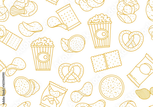 Seamless pattern with snacks: popcorn, chips, crackers, and pretzels on white background.