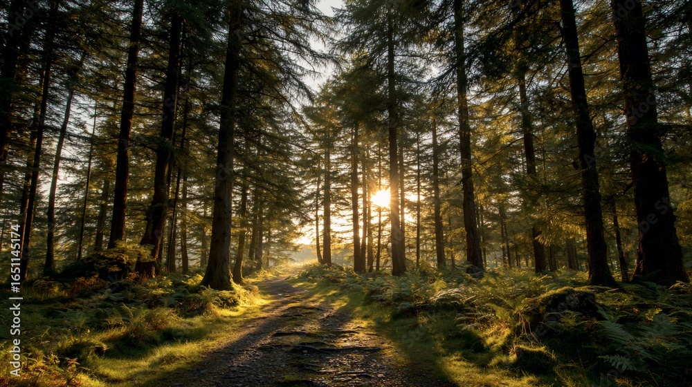 Fototapeta premium Forest path to sunlit horizon, trees casting shadows, ferns lining path