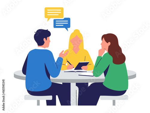 Collaborative Discussion at Roundtable: Illustrative depiction of a diverse team gathered around a table engaged in animated conversation, brainstorming ideas.
