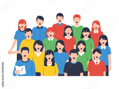 Harmonious Voices in Unison: A diverse choir, depicted in a minimalist style, stands together singing a song, their voices uniting in a moment of artistic expression.