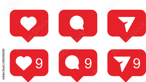 Social media notification icon set. Red speech bubbles with heart (like), comment, and share symbols, with and without counters.