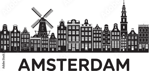 Amsterdam Cityscape Silhouette Vector Illustration with City Name on Transparent Backdrop