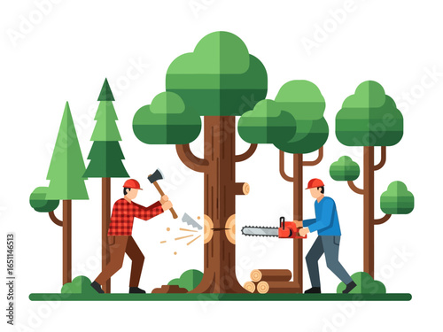 Lumberjacks at Work: A scene of active logging, featuring two lumberjacks in a forest clearing, each skillfully using an axe and chainsaw to fell trees. 