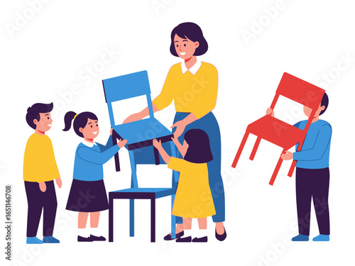 Kindergarten Harmony: A vibrant scene of kindergarten students helping their teacher arrange colorful chairs, showcasing teamwork, education, and the simple joys of learning.
