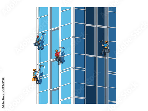 Window Cleaners at Work: The skilled window cleaners hang precariously from a towering skyscraper, demonstrating dedication and precision. Clean windows reflect the sky above.