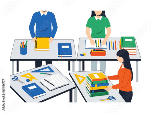 Student's Study Scene: Students meticulously prepare for study sessions with books, pens, and rulers laid out on tidy desks, showcasing focus and dedication.