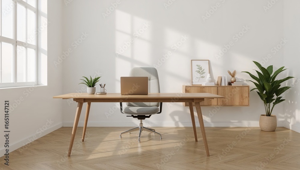 Fototapeta premium Modern Minimalist Home Office with Natural Light and Warm Tones