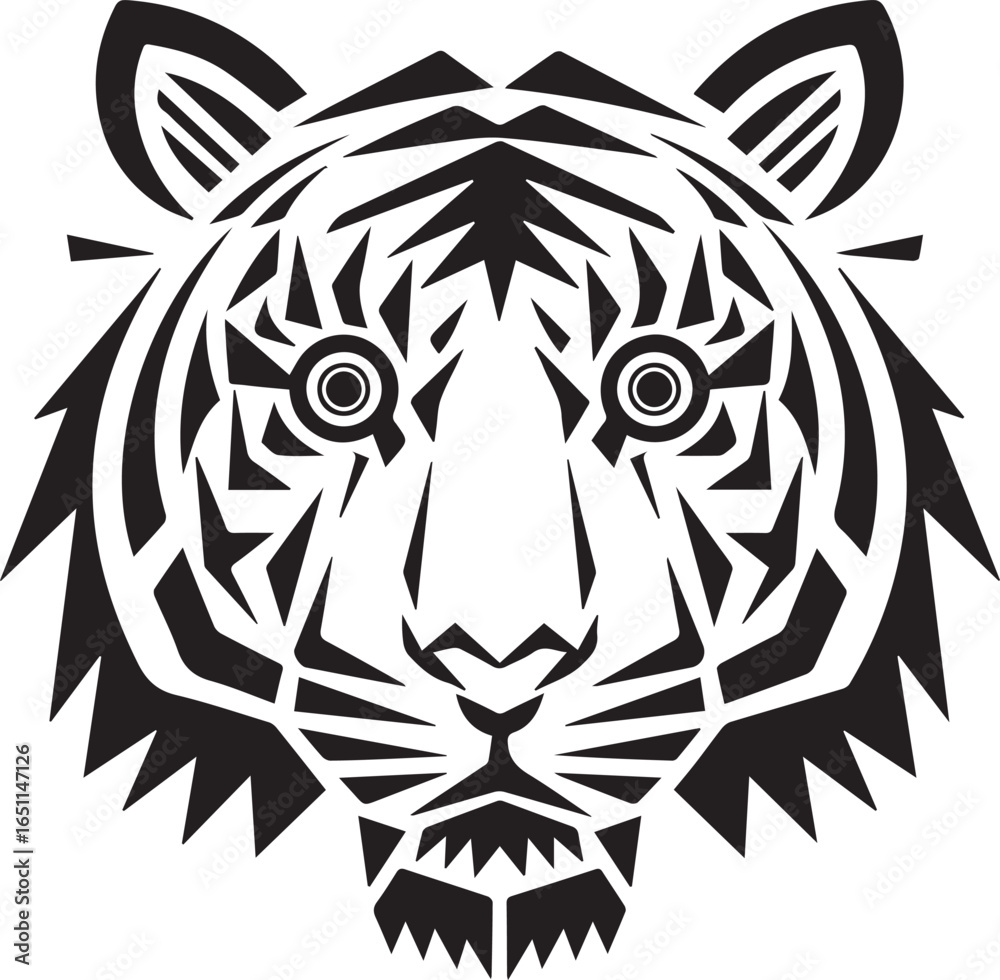 Fototapeta premium Striking Tiger Face: A Bold Black and White Graphic Illustration.