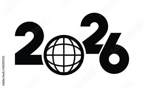Bold black-and-white "2026" graphic design with interwoven star, modern abstract style, polygon frame, dynamic celebratory look, clean and minimalist, perfect for New Year themes.