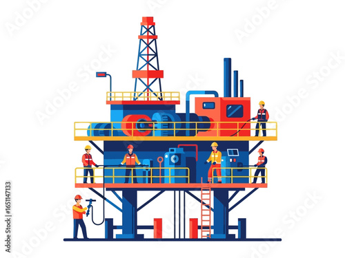 Oil Rig Operations: A meticulously crafted illustration showcases the intricate workings of an offshore oil rig, featuring essential workers in action.