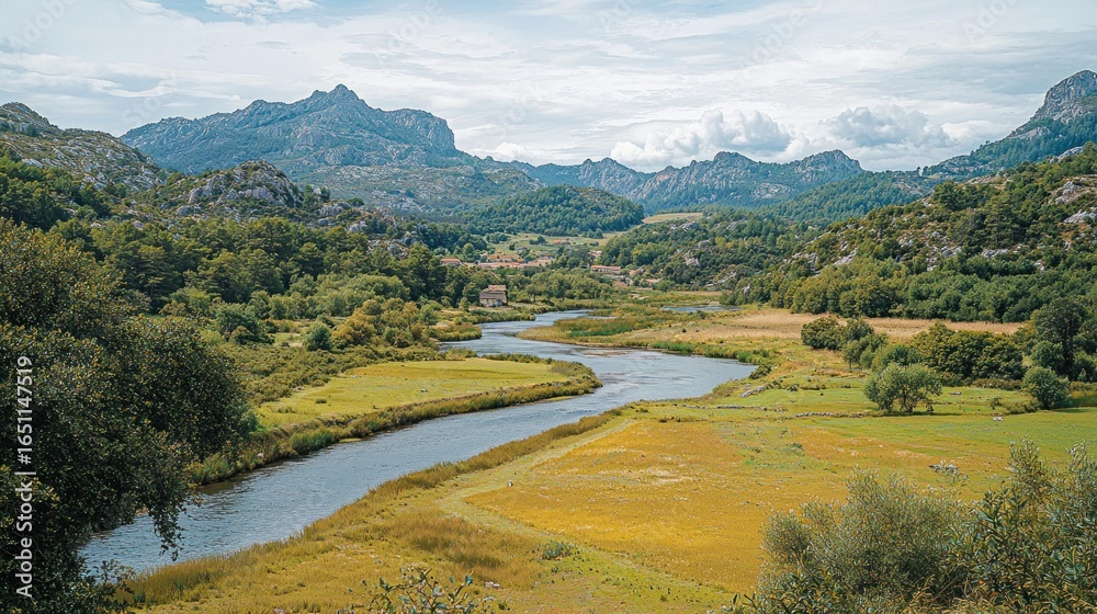 Fototapeta premium Serene river winding through a valley flanked by mountains and lush greenery