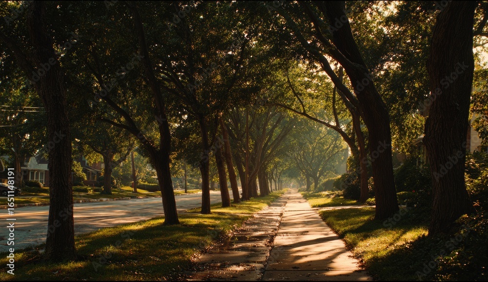 Fototapeta premium Sun-drenched suburban street lined with trees