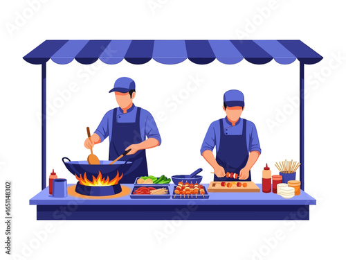 Culinary Craft: Two chefs expertly prepare a delicious meal at a vibrant food stall. A tempting display of ingredients and cooked dishes promises a flavorful experience.