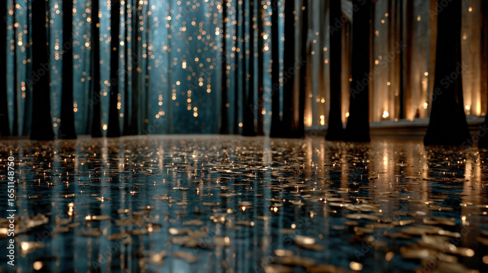 Obraz premium A serene forest scene illuminated by shimmering lights reflecting off a calm, dark surface, with tall trees creating a mystical atmosphere