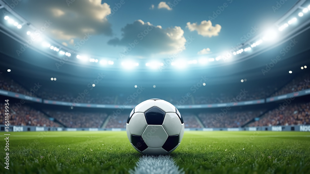 Fototapeta premium Soccer ball on lit field beneath cloudy sky in stadium. 