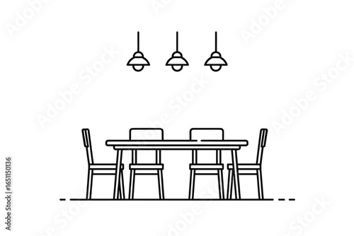Dining table, home interior doodle in black. Simple minimal black line art isolated illustration drawing. Minimal simple style dining room brush line art drawing illustration.