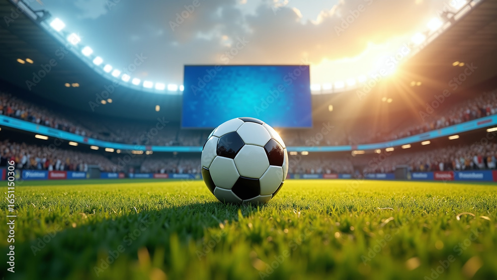 Fototapeta premium Soccer ball on sunlit field with packed stadium backdrop. 