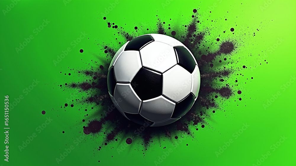 Naklejka premium Soccer ball with black paint splatter on green background. 