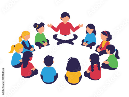 Storytelling Circle: A teacher captivates a circle of eager children during a storytelling session, their faces alight with wonder and anticipation as they immerse themselves in the narrative.