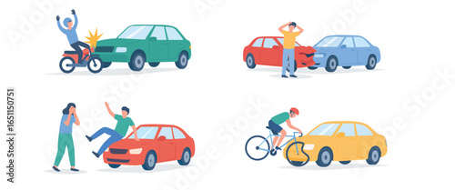 Car and Motorcycle Accident Illustration Set – Traffic Collision and Road Safety Concept