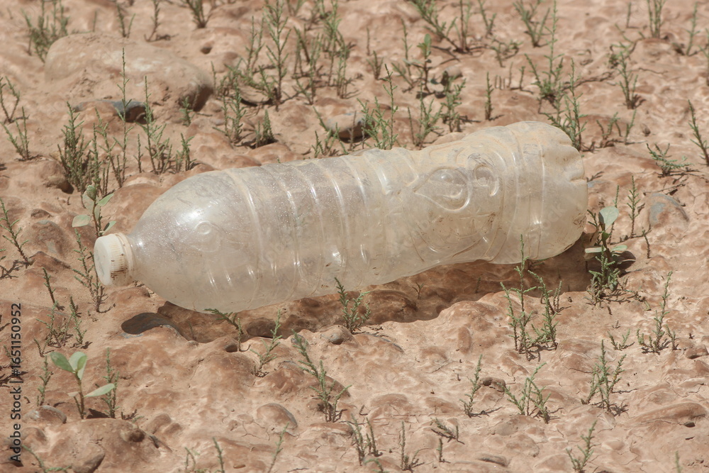 A plastic bottle lying on the ground, Plastic pollution, Plastic environmental impact A plastic bottle lying on the ground, Plastic pollution, Plastic environmental impact