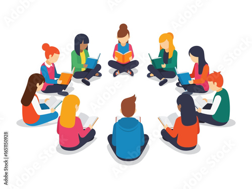 Circle of Readers: A diverse circle of individuals deeply immersed in their books, symbolizing the joy of reading and learning. This illustration captures a sense of community and shared passion.