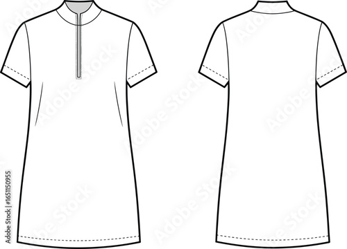 Short sleeve tunic t-shirt with zipper front and back view flat sketch for women’s fashion design, garment template, and apparel mockup vector