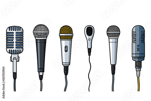 Cartoon studio microphones. Broadcast, voice and music audio recording equipment. Karaoke mic and vintage radio microphone flat  set. Illustration sound mic audio, studio voice microphone.
