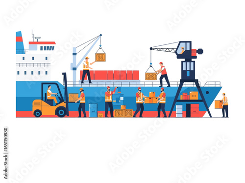 Seaport Freight Dynamics: A dynamic illustration captures the intricate process of cargo handling at a bustling seaport.