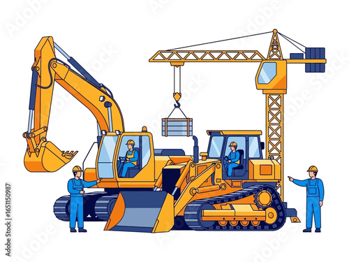 Construction Site Harmony: An illustration showcasing the orchestrated dance of heavy machinery at a construction site, highlighting teamwork and infrastructure development.