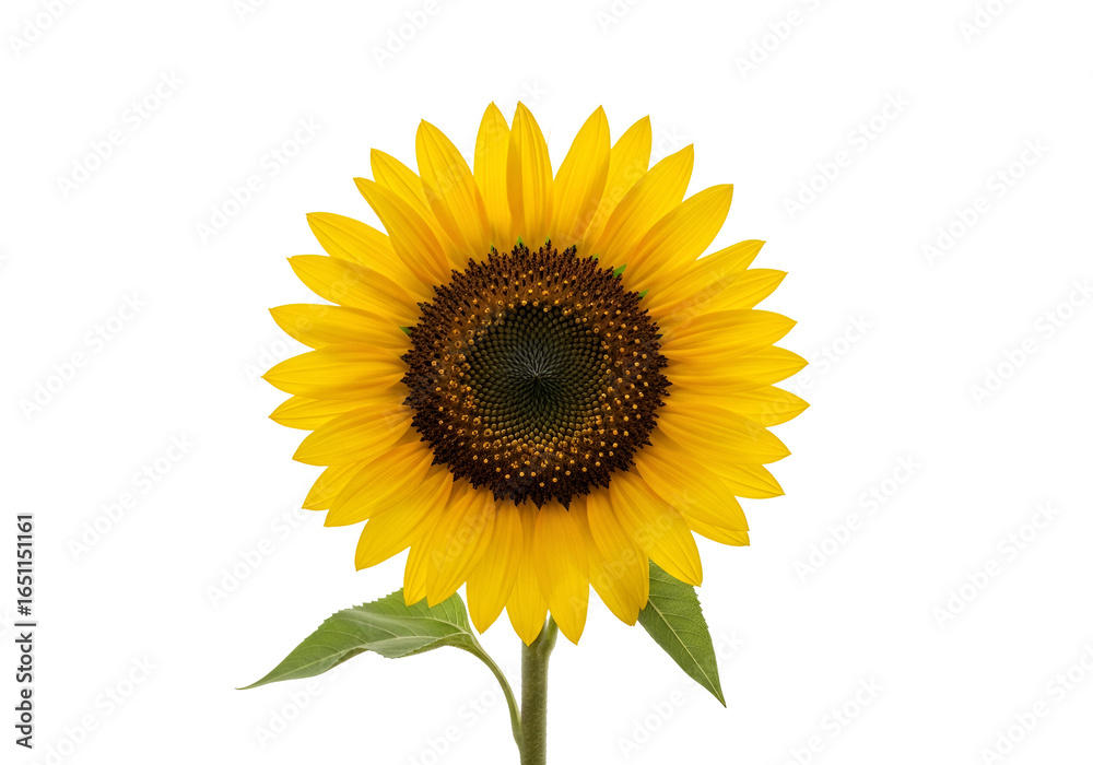 Fototapeta premium Bright and vibrant sunflower with yellow petals and green leaves isolated on black background