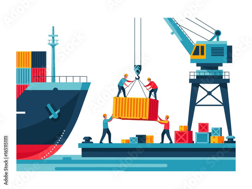 Seaport Logistics: A vibrant illustration captures the essence of international trade, showcasing a ship alongside a bustling dock, as diligent workers load and unload colorful cargo containers. 