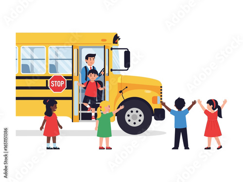 School Bus Welcome: A vibrant scene unfolds as children eagerly greet the school bus, with the driver warmly welcoming students aboard for a new day of learning.